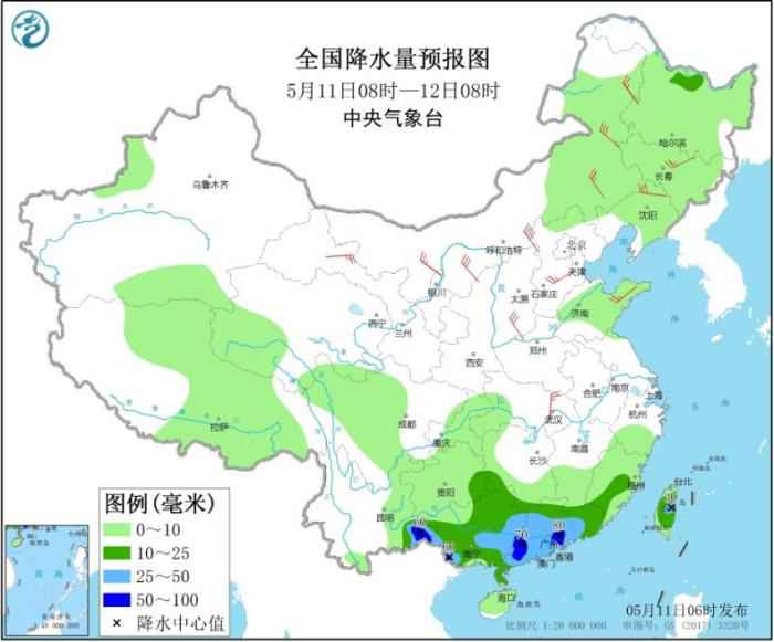 全国降水量预报图(5月11日08时-12日08时)